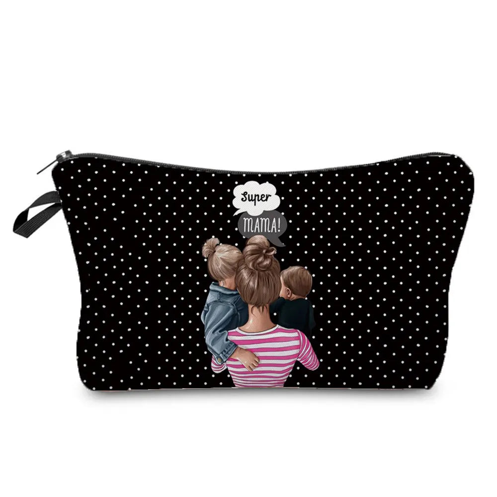 Cartoon Mama Print Cosmetics Bag with Mom and Baby Design