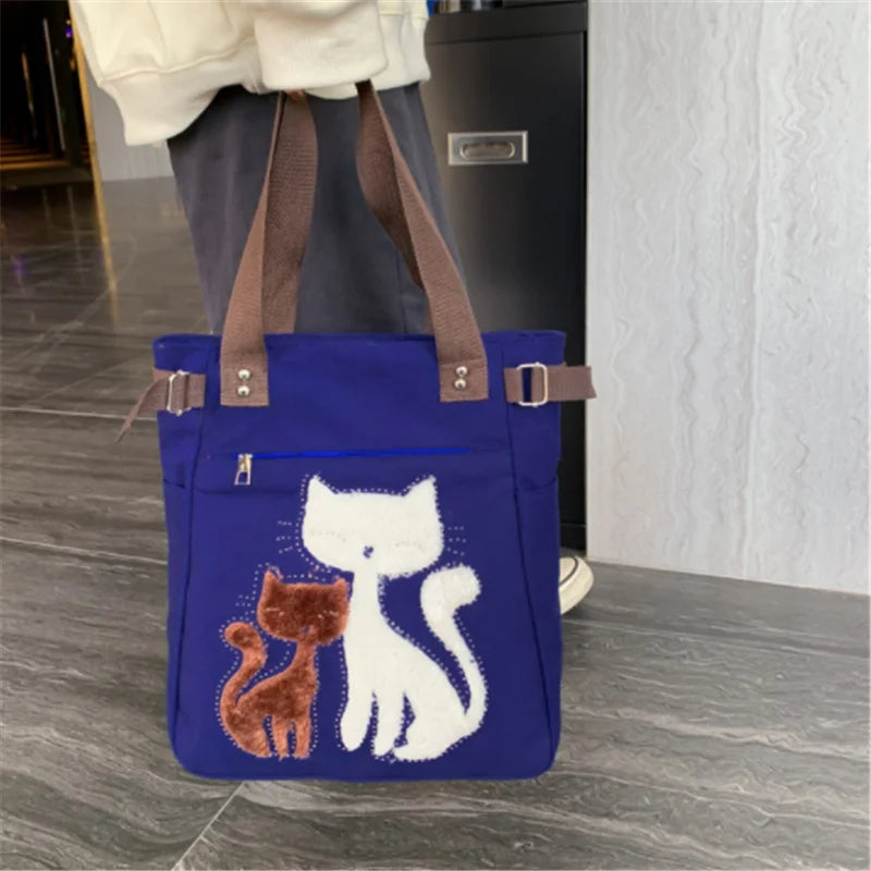 Cat Canvas Handbag Girls Ladies Large Capacity Casual Zipper Shoulder Bag