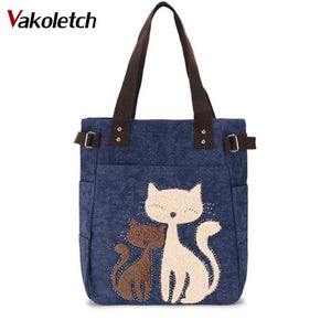 Cat Canvas Handbag Girls Ladies Large Capacity Zipper Shoulder Bag