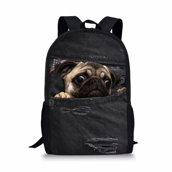 Cute Puppy Pug Denim Cat School Bag for Girls