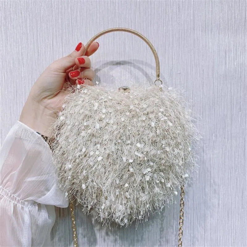 Heart Shaped Evening Clutch Bag Tassel Wedding Banquet Purse for Ladies