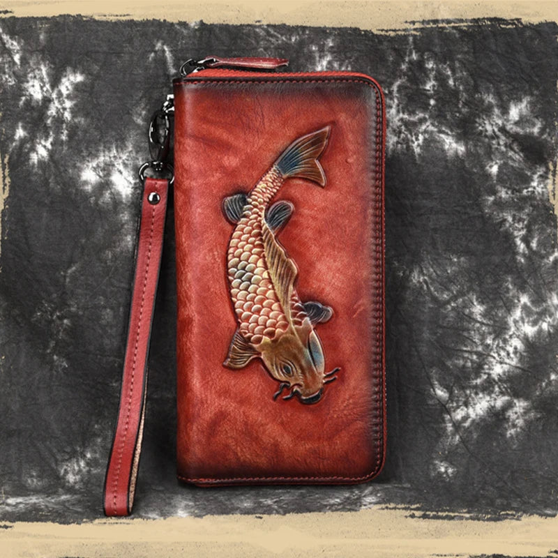 Female Engraving Embossing Leather Long Purse Red Brown