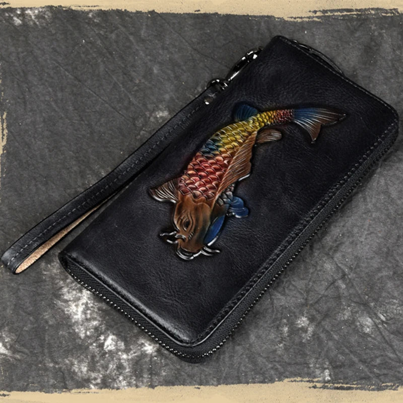 Female Engraving Embossing Leather Long Purse Red Brown