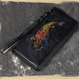 Female Engraving Embossing Leather Long Purse Red Brown