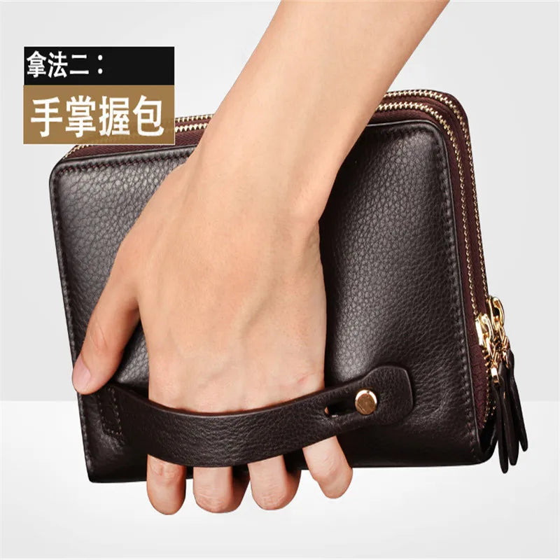 Brown Leather Double Zip Men Clutch Long Wallet Business Purse