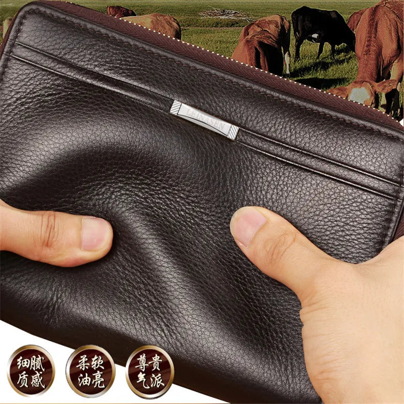 Brown Leather Double Zip Men Clutch Long Wallet Business Purse