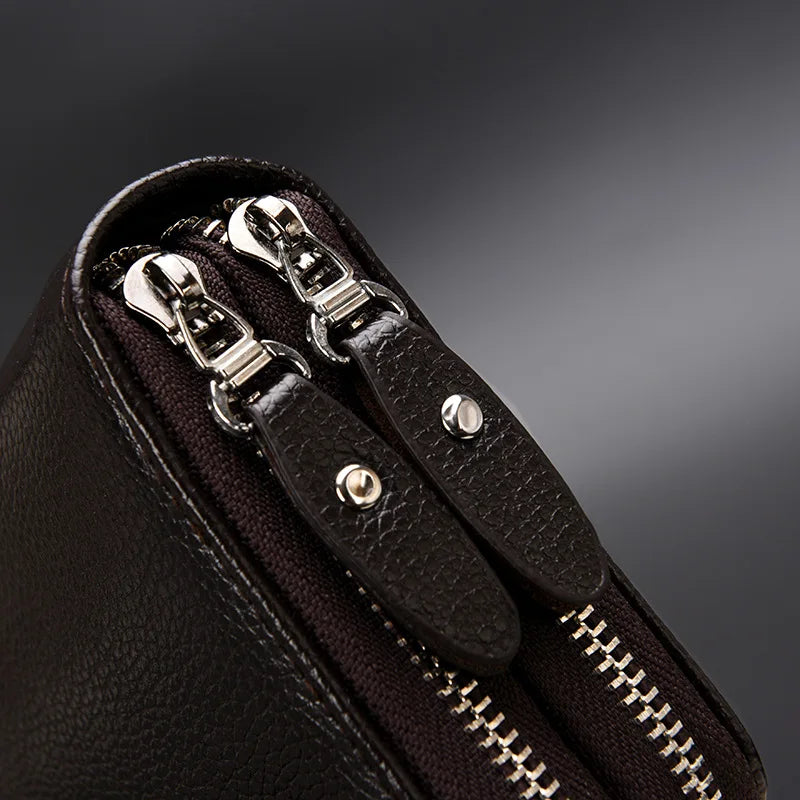 Brown Leather Men's Clutch Business Purse Double Zipper Wallet