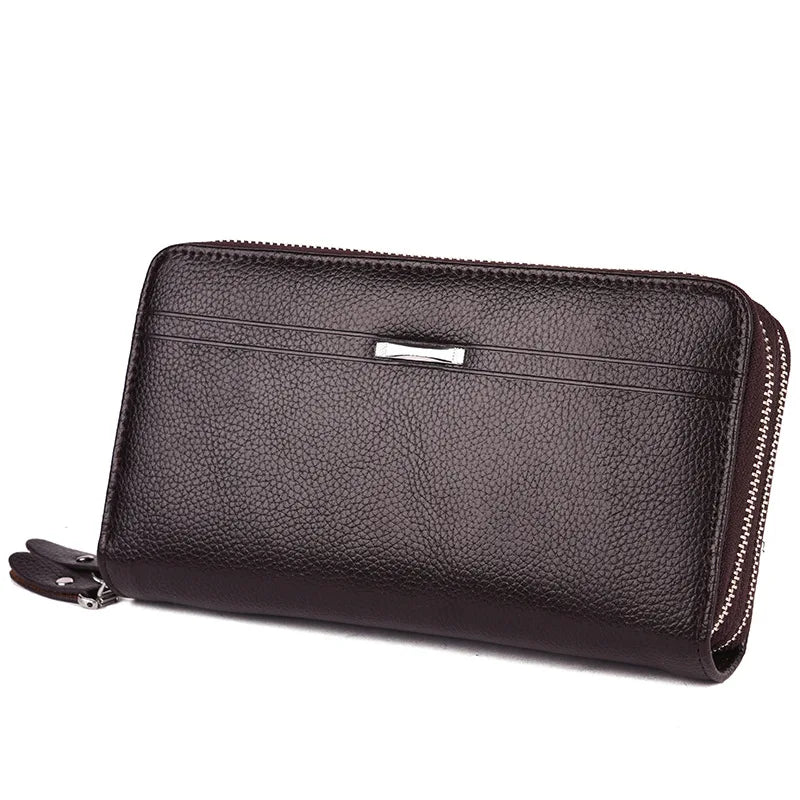 Brown Leather Men's Clutch Business Purse Double Zipper Wallet
