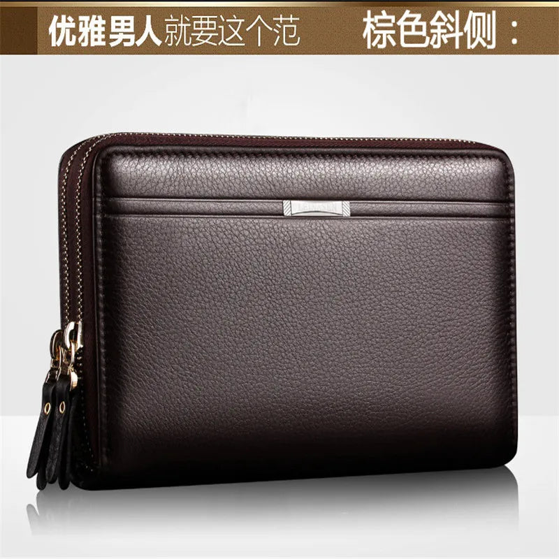 Brown Leather Double Zip Men Clutch Long Wallet Business Purse