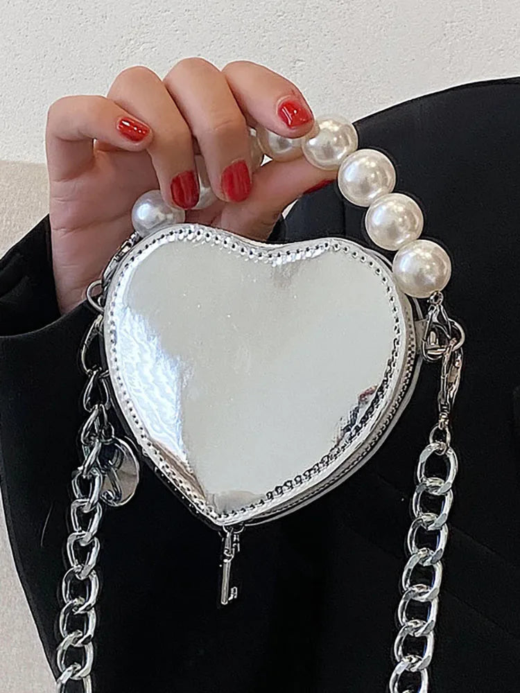 Heart Beading Shoulder Crossbody Bag Women's Pu Leather Handbag