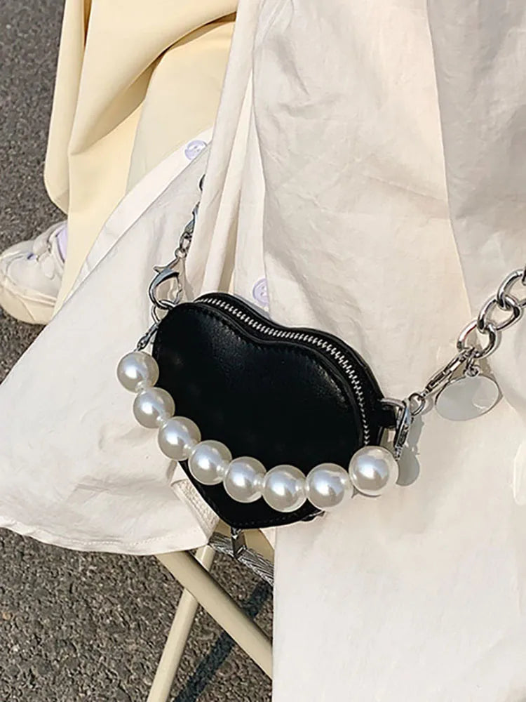 Heart Beading Shoulder Crossbody Bag Women's Pu Leather Handbag