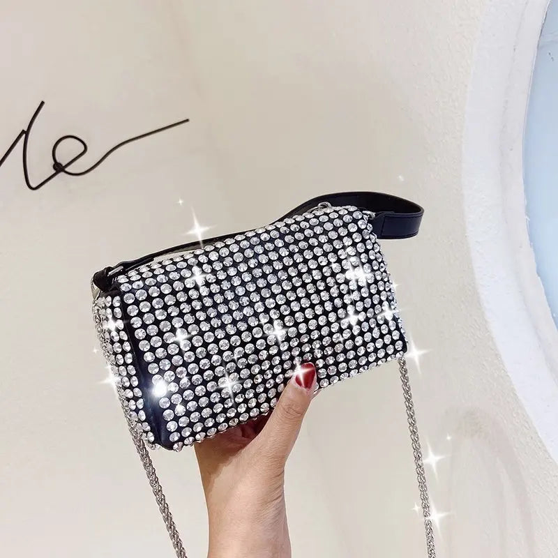 Bright Diamond Shoulder Bag Women PU Leather Chains Messenger Handbag