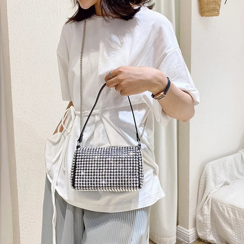 Bright Diamond Shoulder Bag Women PU Leather Chains Messenger Handbag