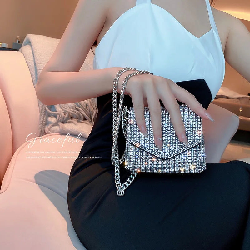 Rhinestone Chain Clutch Evening Bag Silver Crystal Handbag