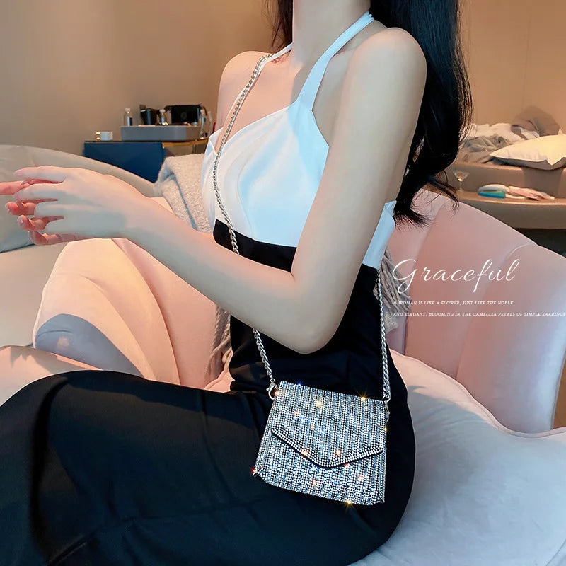 Rhinestone Chain Clutch Evening Bag Silver Crystal Handbag