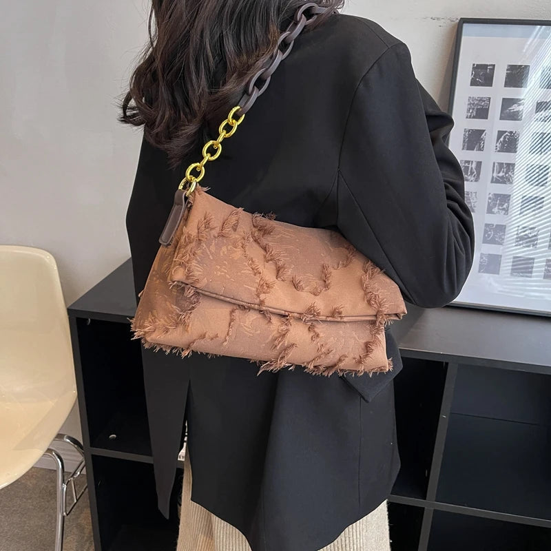 Canvas Shoulder Bag Women Chain Fold Over Clutch Small Crossbody Bag