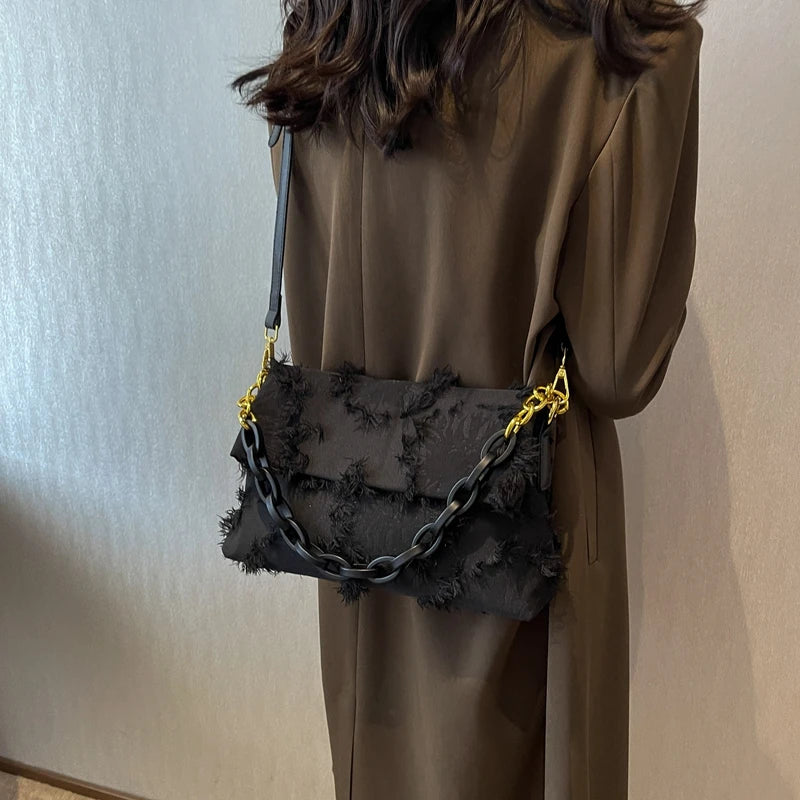 Canvas Shoulder Bag Women Chain Fold Over Clutch Small Crossbody Bag