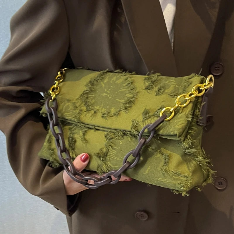 Canvas Shoulder Bag Women Chain Fold Over Clutch Small Crossbody Bag