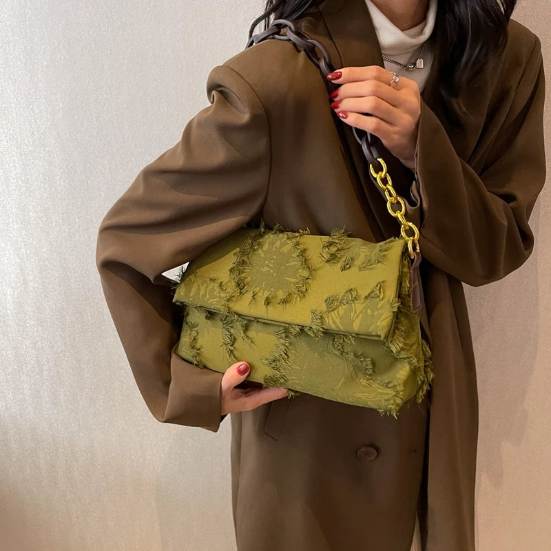 Canvas Shoulder Bag Women Chain Fold Over Clutch Small Crossbody Bag