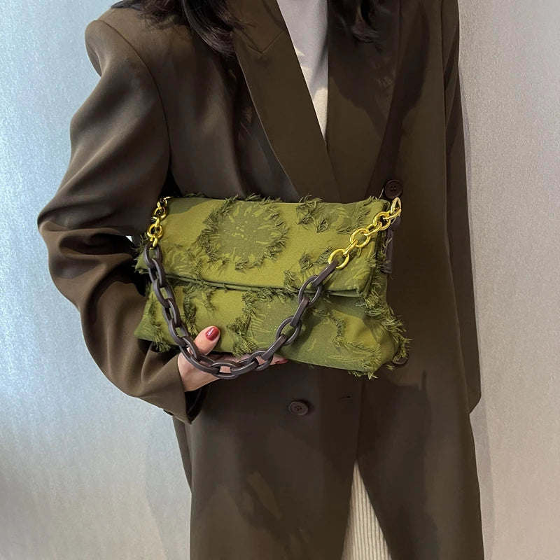 Canvas Shoulder Bag Women Chain Fold Over Clutch Small Crossbody Bag
