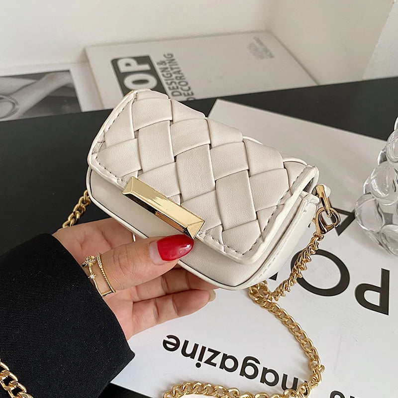 Mini Weave Crossbody Bags Metal Chain Shoulder Bag PU Leather Girl Small Purse