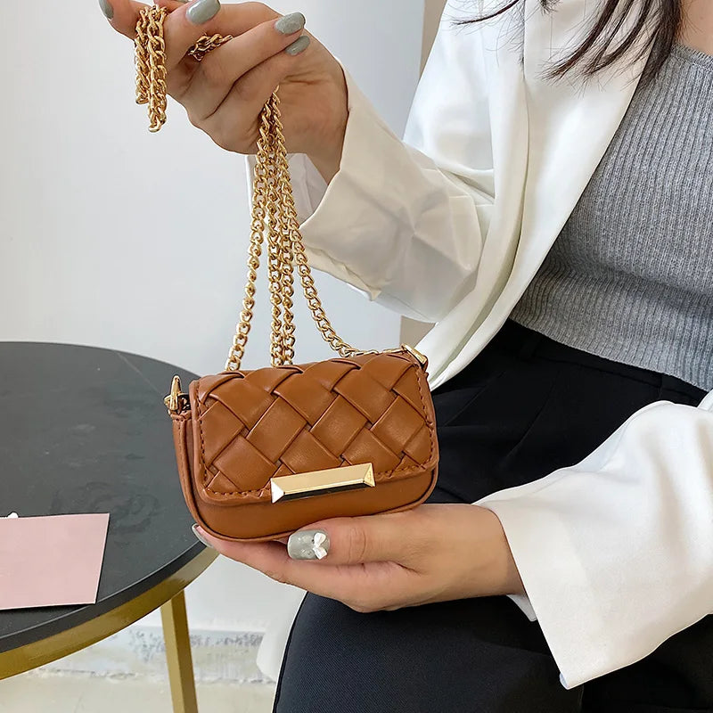 Mini Weave Crossbody Bags Metal Chain Shoulder Bag PU Leather Girl Small Purse