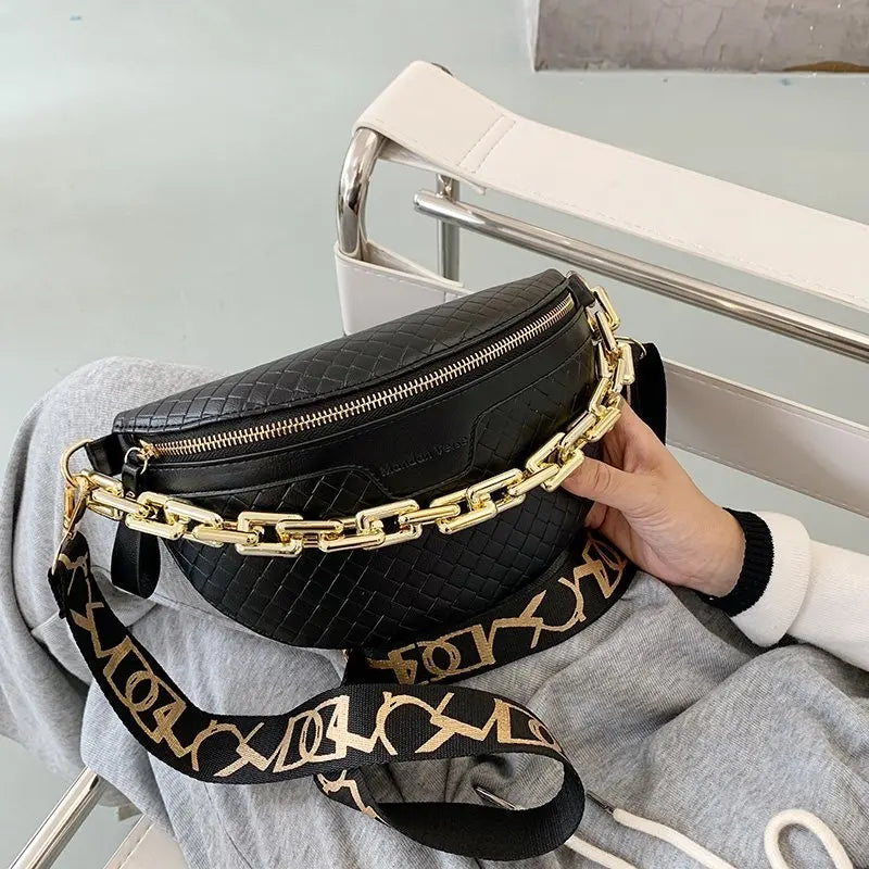 Thick Chain Plaid Leather Fanny Pack Waist Shoulder Crossbody Bag