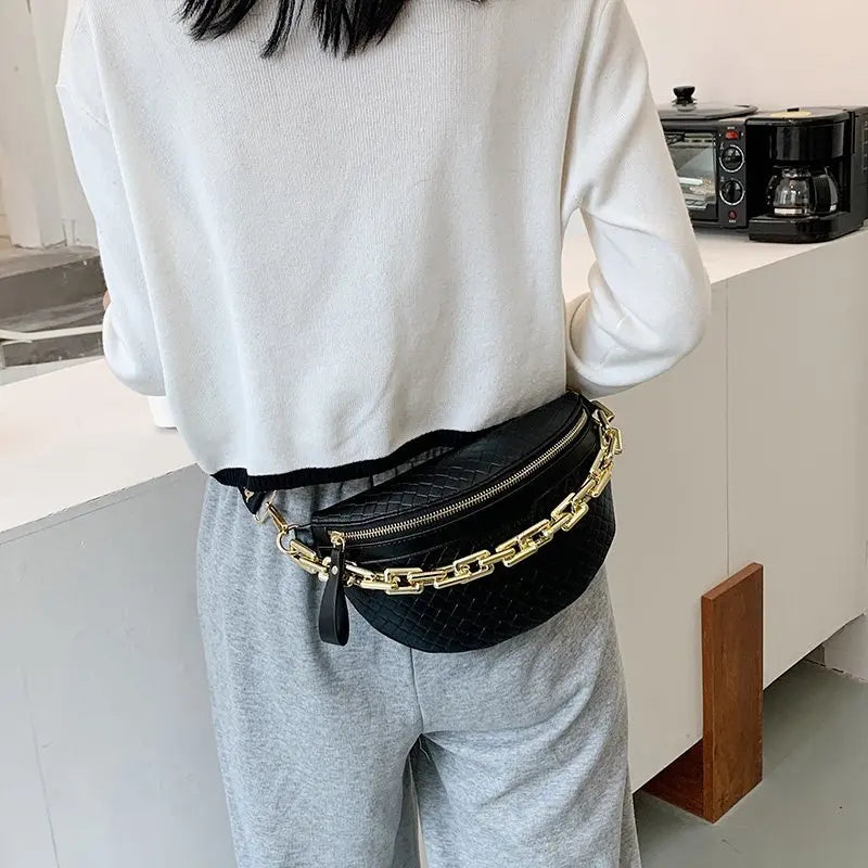 Thick Chain Plaid Leather Fanny Pack Waist Shoulder Crossbody Bag