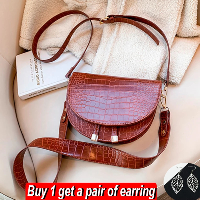 Crocodile Semicircle Saddle Bag Women Crossbody Soft Leather Shoulder Handbag