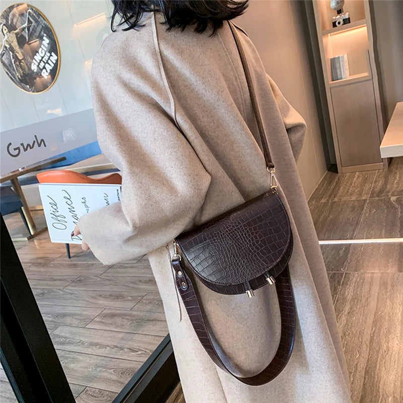 Crocodile Semicircle Saddle Bag Women Crossbody Soft Leather Shoulder Handbag