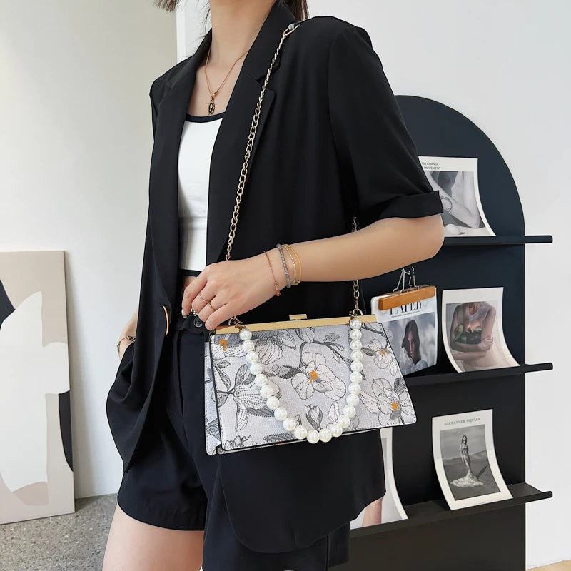 Flower Jacquard Cloth Frame Evening Bag Beaded Chain Shoulder Crossbody