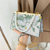 Flower Jacquard Cloth Frame Evening Bag Beaded Chain Shoulder Crossbody