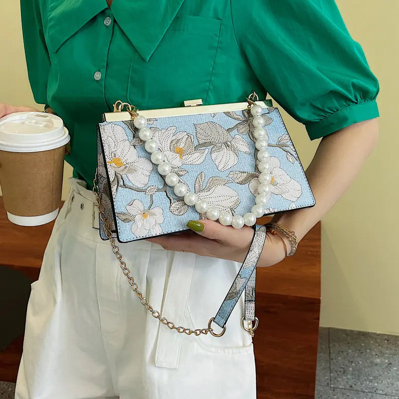 Flower Jacquard Cloth Frame Evening Bag Beaded Chain Shoulder Crossbody