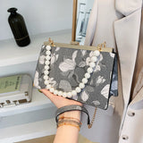 Flower Jacquard Cloth Frame Evening Bag Beaded Chain Shoulder Crossbody