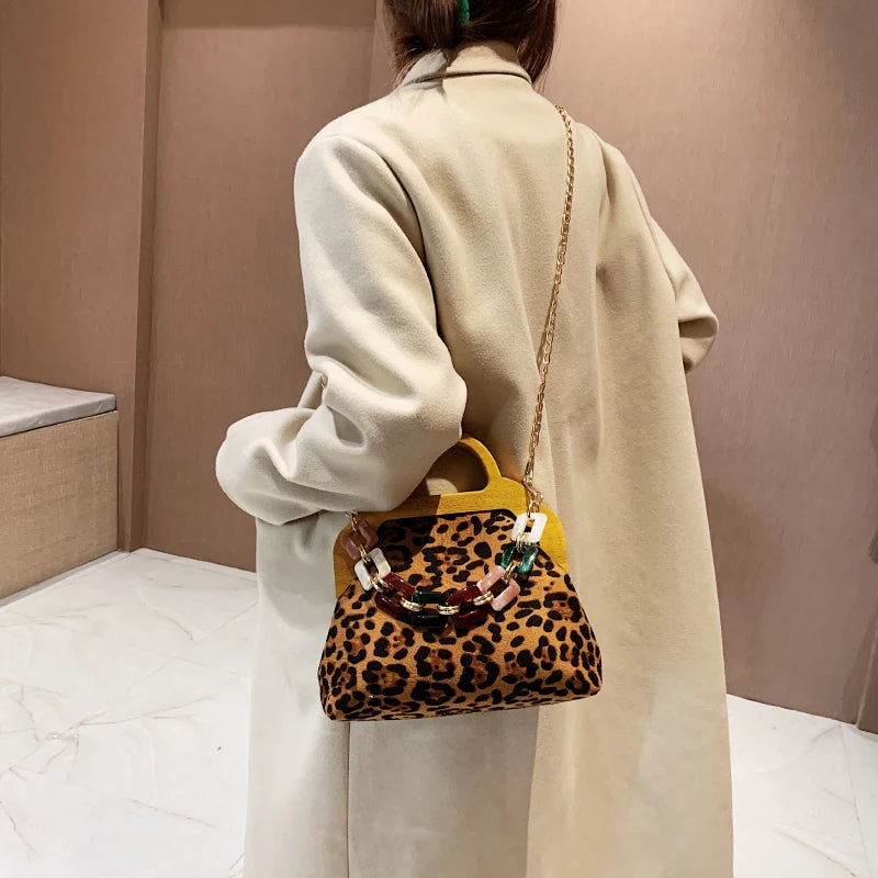 Vintage Wooden Handle Clutch Purse Canvas Shoulder Bag