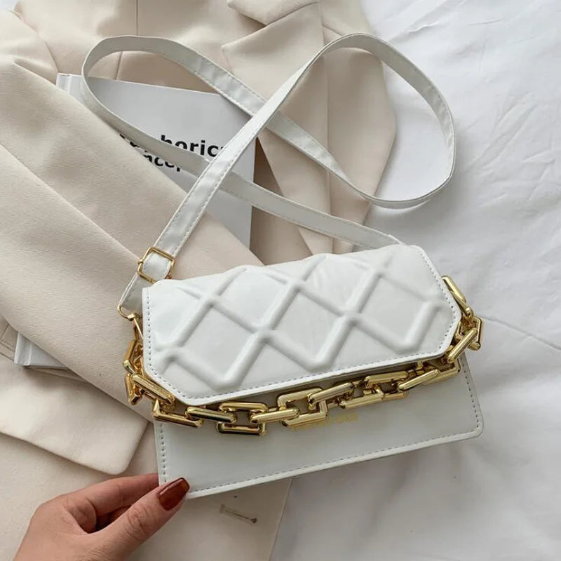 Plaid PU Leather Women Shoulder Bag with Thick Chain