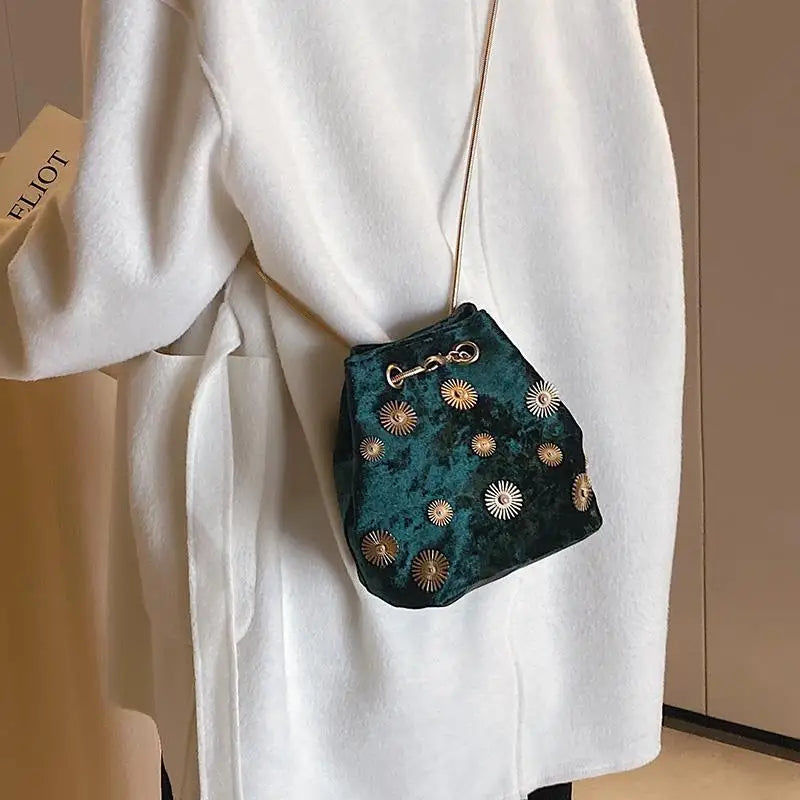Velvet Crossbody Bucket Bag Chain Small Velvet Messenger Bag