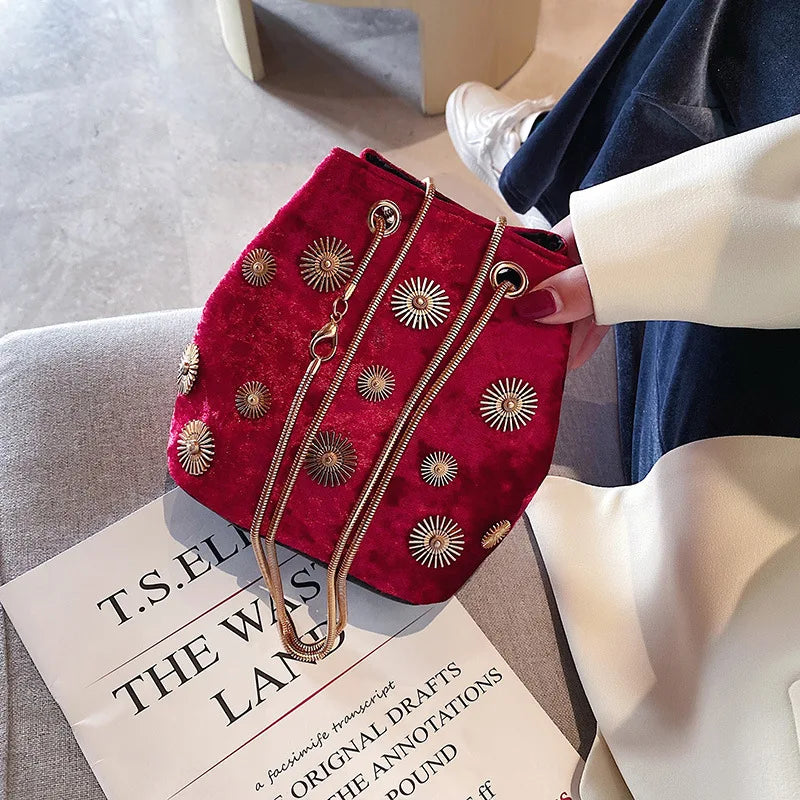Velvet Crossbody Bucket Bag Chain Small Velvet Messenger Bag