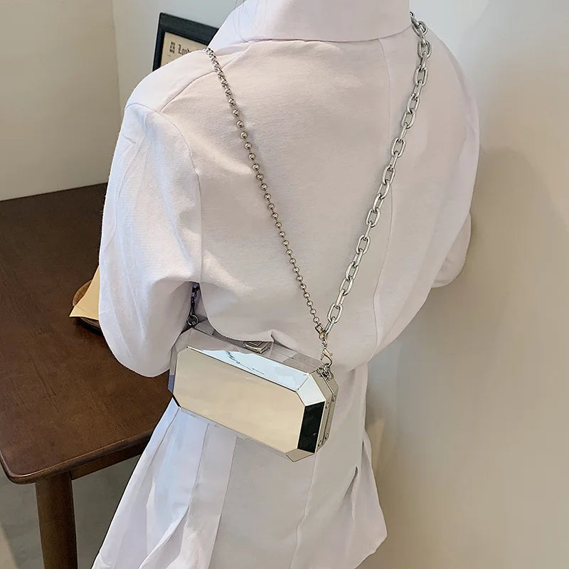 Silver Metal Box Bag Ladies Party Clutch Chain Purse Crossbody Mini Bag