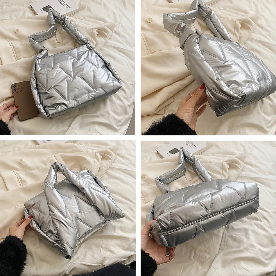 Women Down Fabric Shoulder Bag Winter Female Padded Space Bag