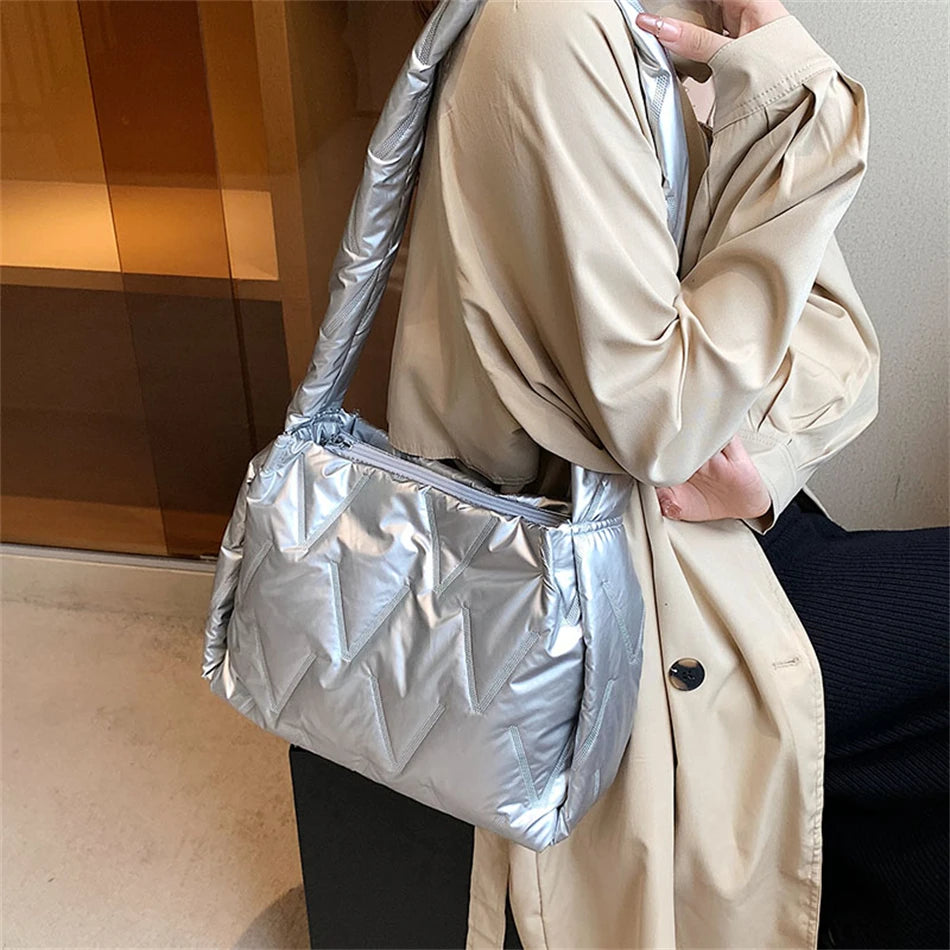 Women Down Fabric Shoulder Bag Winter Female Padded Space Bag