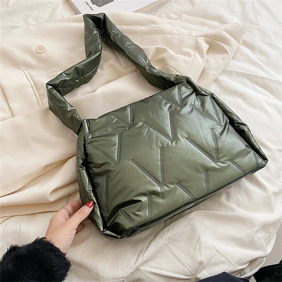 Women Down Fabric Shoulder Bag Winter Female Padded Space Bag