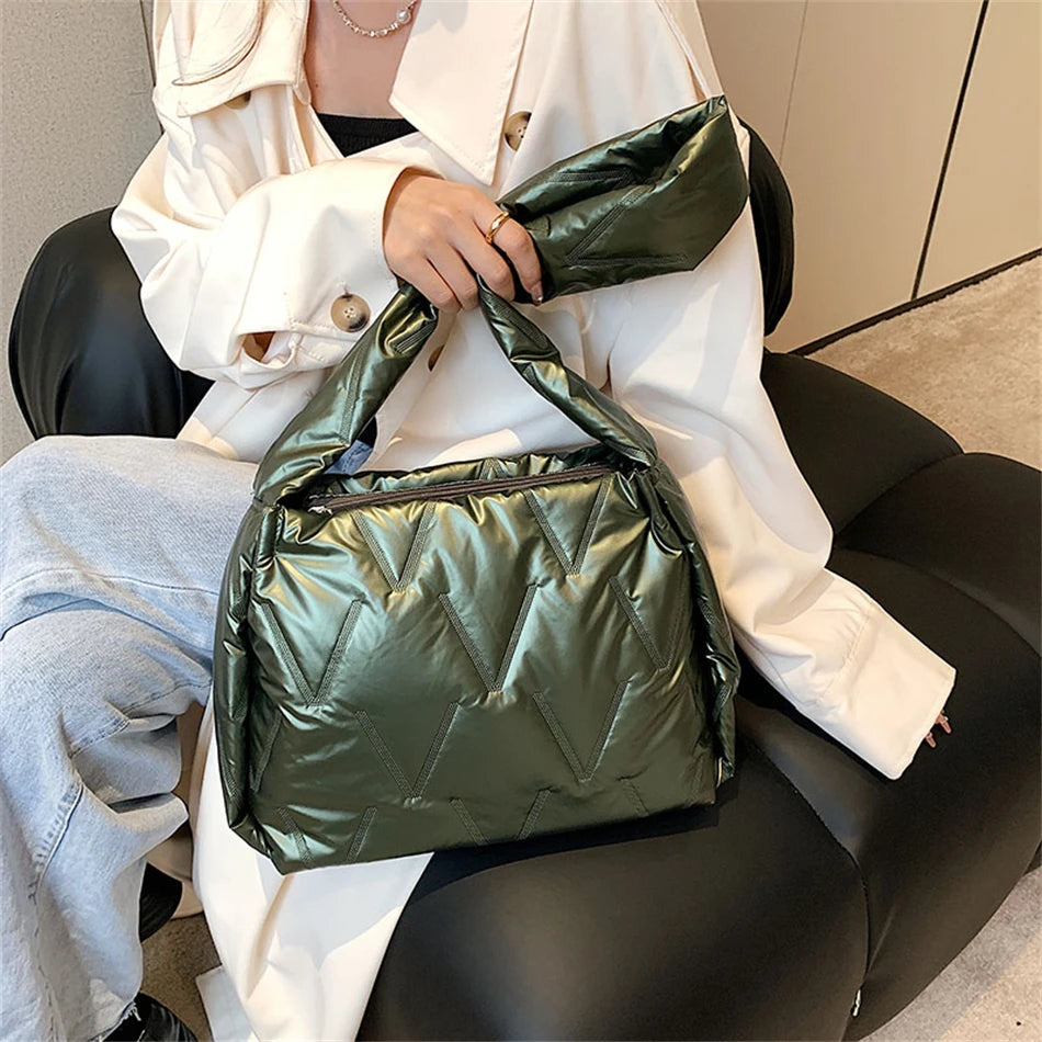 Women Down Fabric Shoulder Bag Winter Female Padded Space Bag