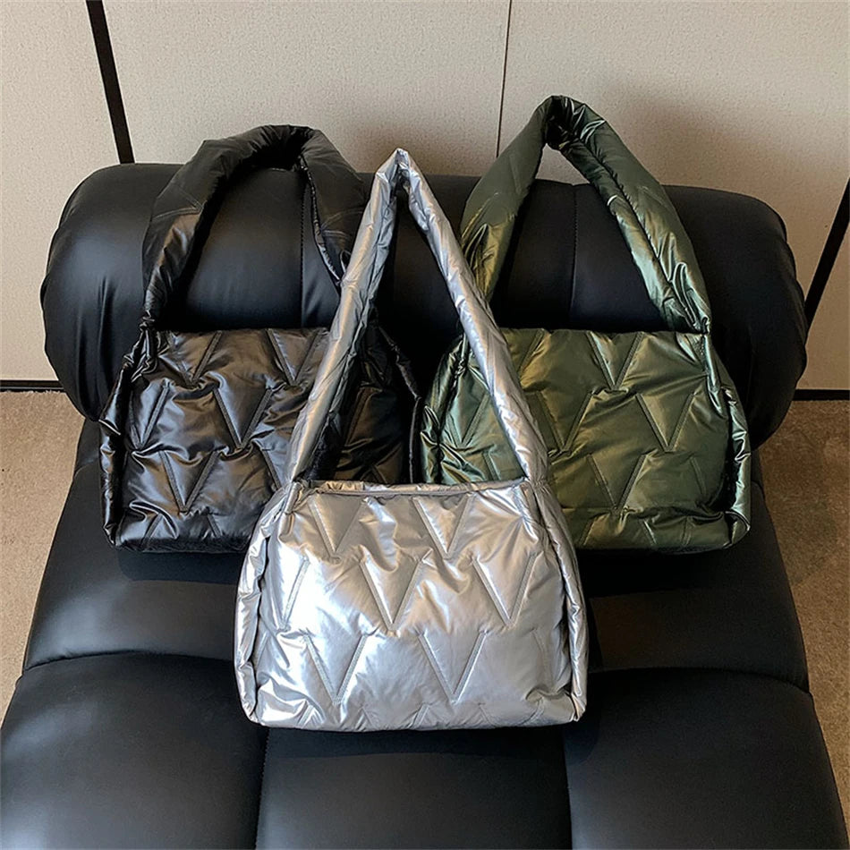 Women Down Fabric Shoulder Bag Winter Female Padded Space Bag