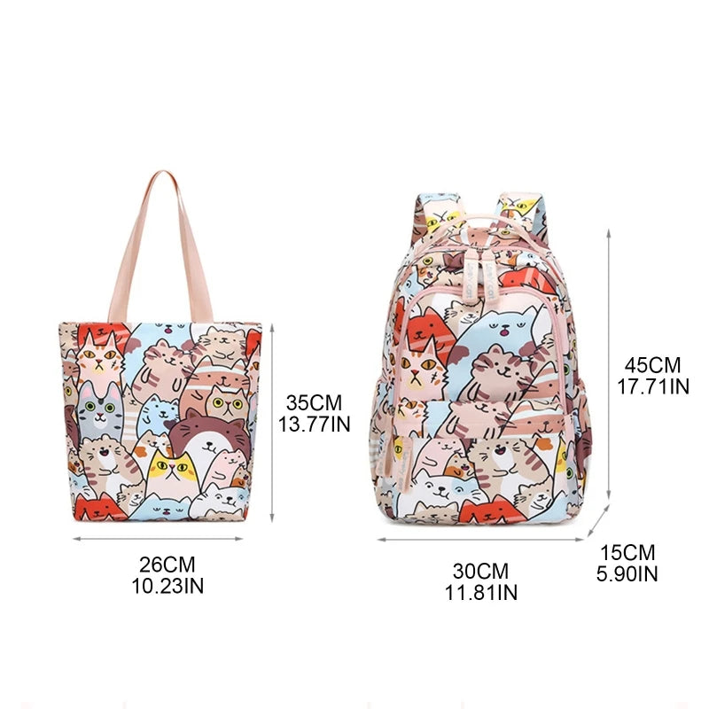 CAT Print School Backpack Teen Girls Shoulder Bag Student Pocket Daypack