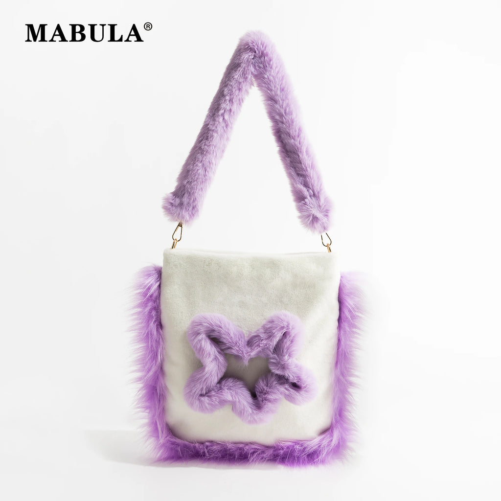 Casual Large Capacity Women Bucket Tote Handbag Faux Fur Shoulder Bag Purple