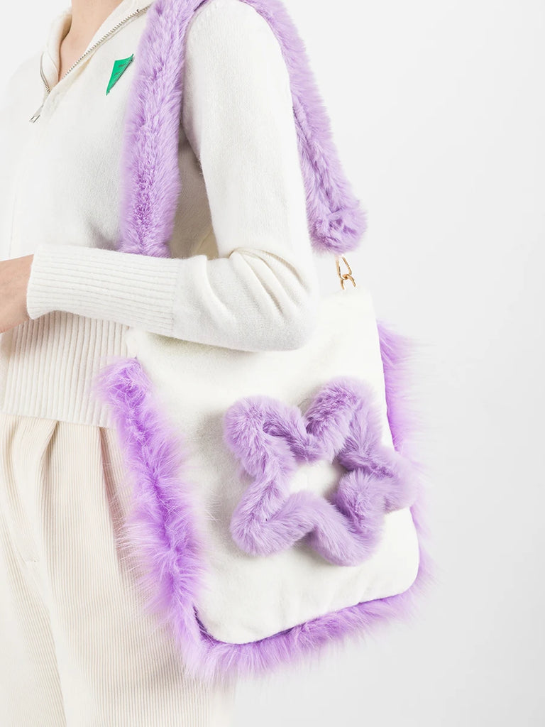 Casual Large Capacity Women Bucket Tote Handbag Faux Fur Shoulder Bag Purple