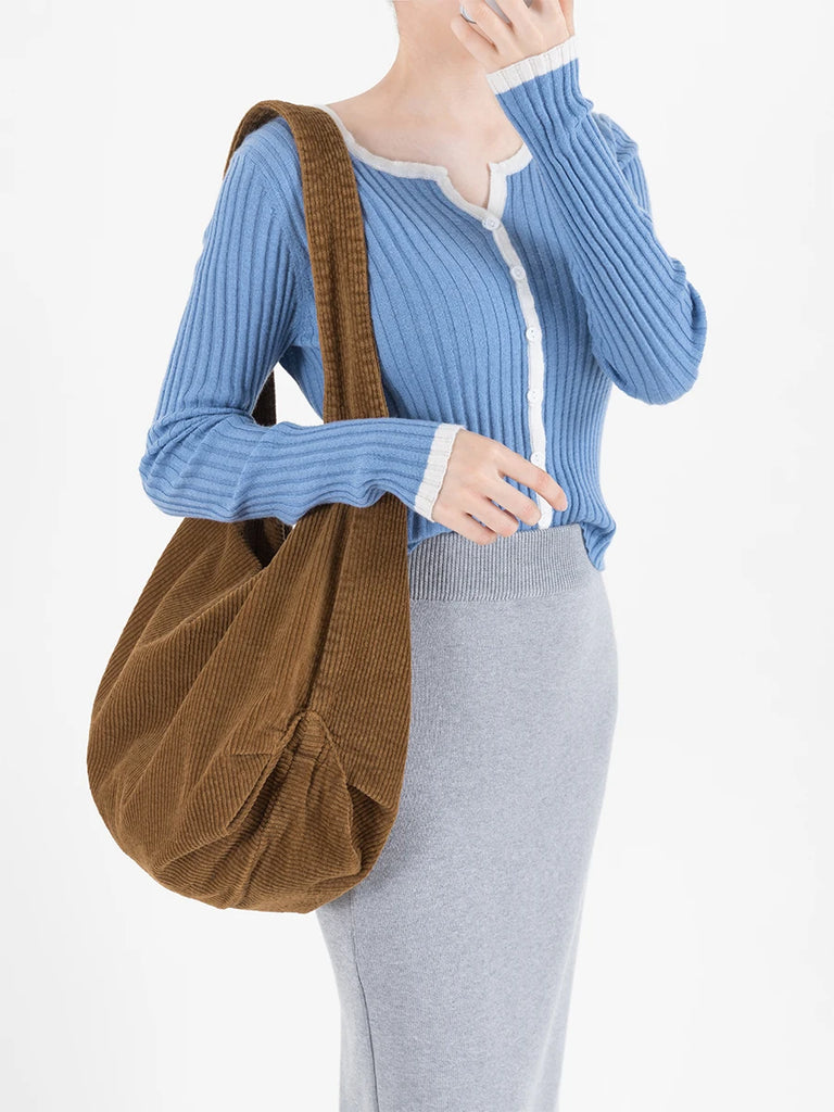 Brown Corduroy Women Shoulder Hobo Bag Lightweight Crossbody Purse