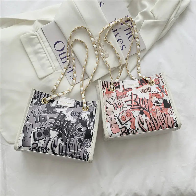 MBTI Graffiti Print Shoulder Bag for Women Cartoon Pu Leather Casual Purse
