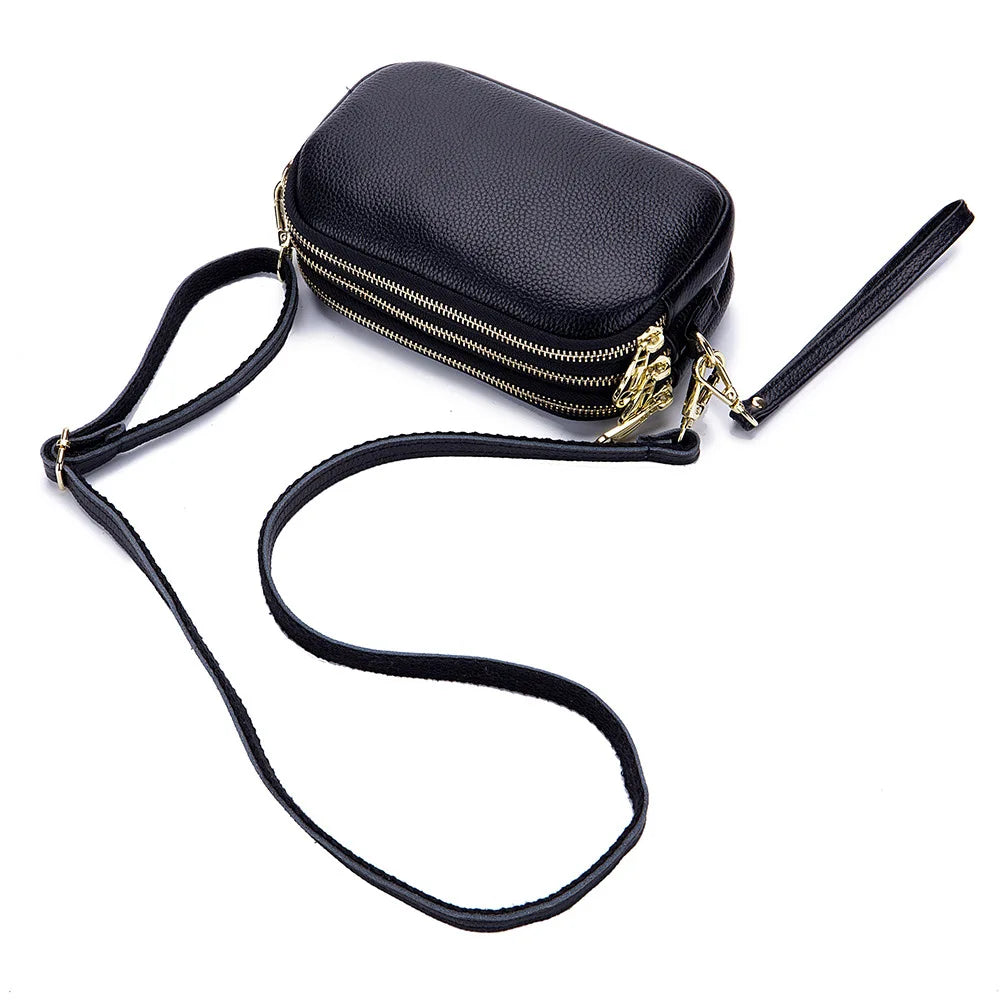 Small Leather Crossbody Bag 3 Layer Zip Wristlet Large Capacity Clutch Purse